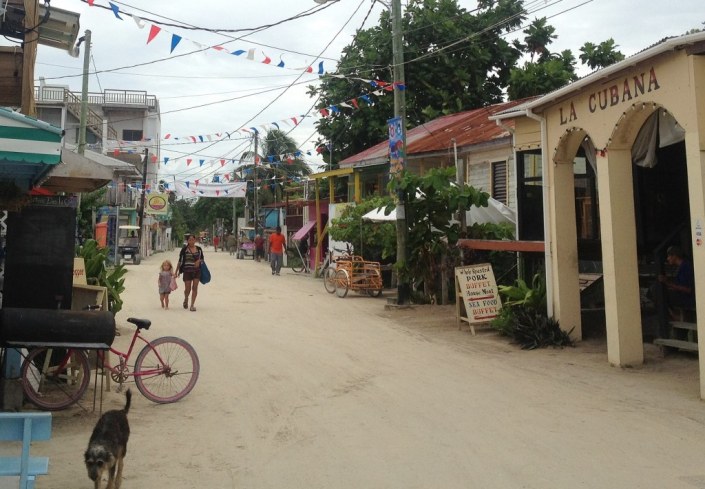 The view long the main street of Caye Caulker. It seemed busier than these pictures show. The modes of transportation along the packed-sand boulevard are bicycle , golf cart and walking -- mostly walking.
