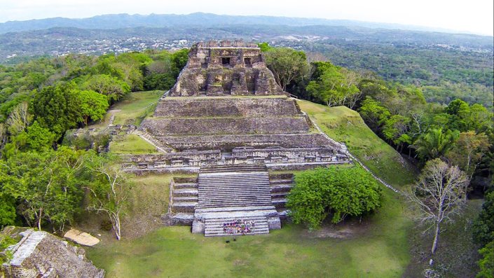 Here is a drone's eye view of the Mayan ruins Xunantunich, between the Guatemala border and San Ignacio in Belize.